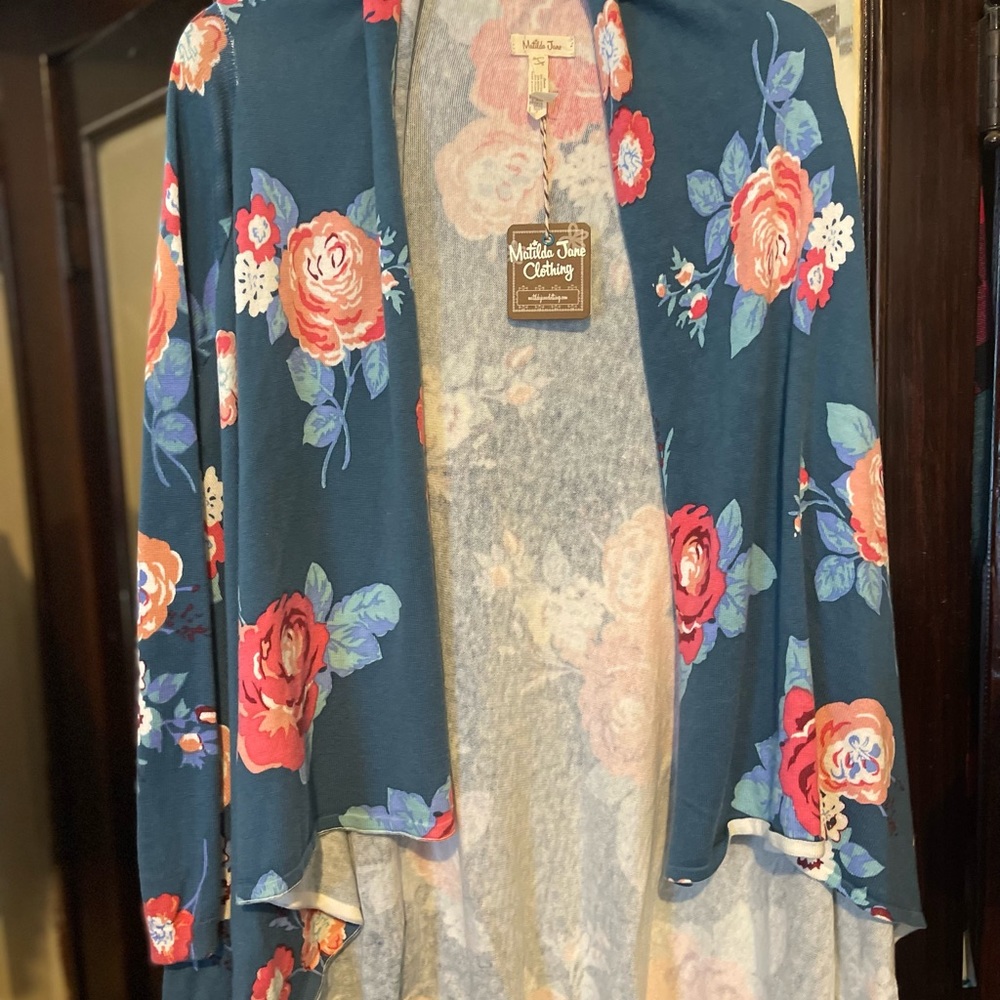 Matilda Jane Cozy Days Floral Cardigan Sweater Sz L Waterfall Open Front Blue